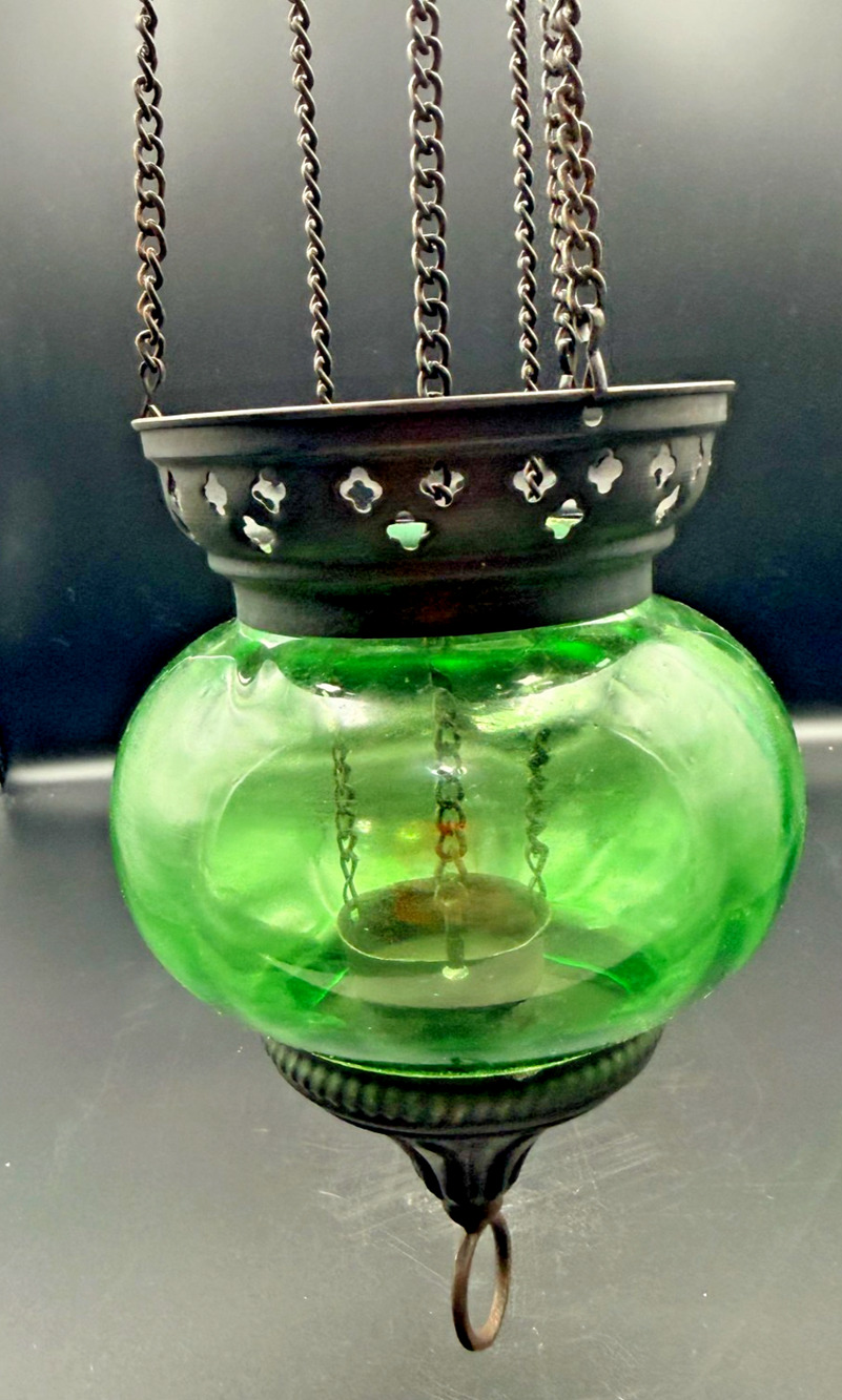 Hanging Metal Greek Sanctuary Vigil Lamp Candle Holder Green Glass Bell Jar